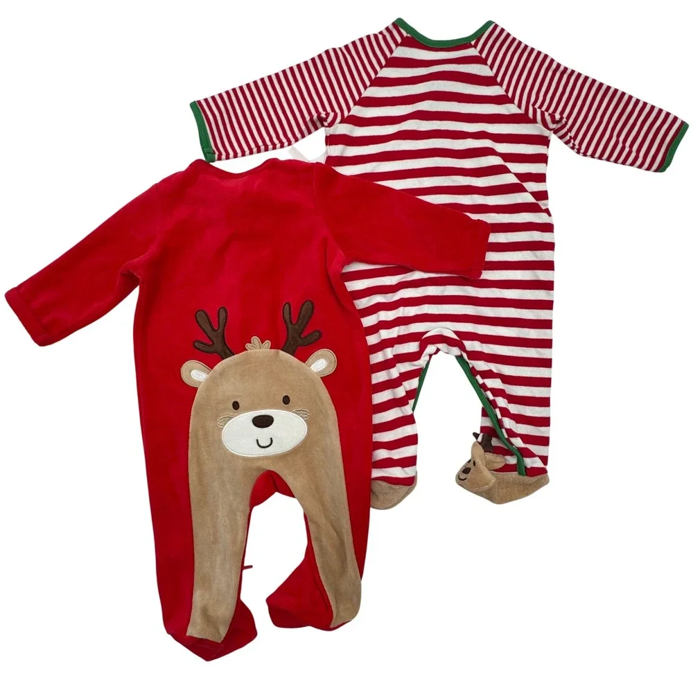 NEW Little Me Lot of 2 Baby 3M Footed Pajamas Reindeer Christmas Sleepers Outfit